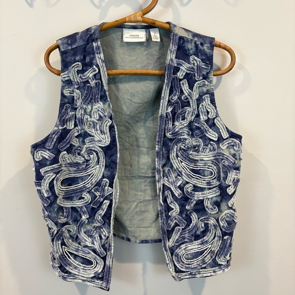 Chico’s Artsy Beaded Appliqué Acid Wash Denim Vest Size 2/Large - Picture 1 of 5